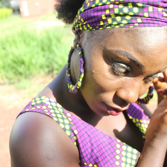 Purple African Ankara X-Large Round Hoop Earrings - Picture 2 of 3
